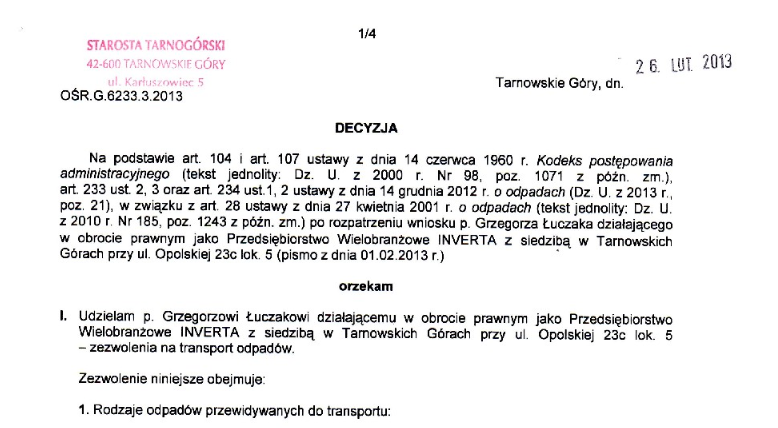 Zezwolenie na transport odpadów OŚR.G. 6233.3.2013 z dn. 26.02.2013