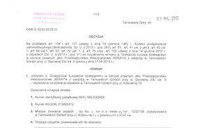 Zezwolenie na zbieranie odpadów OŚR.G.6233.25.2013 z dn. 07.05.2013