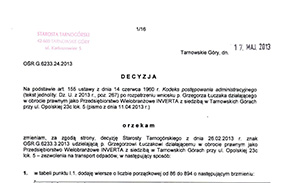Zezwolenie na transport odpadów OŚR.G.6233.24.2013 z dn. 17.05.2013